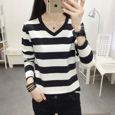 棉质长袖t恤女洋气v领上衣中老年女装妈妈春装2026新款条纹打底衫
