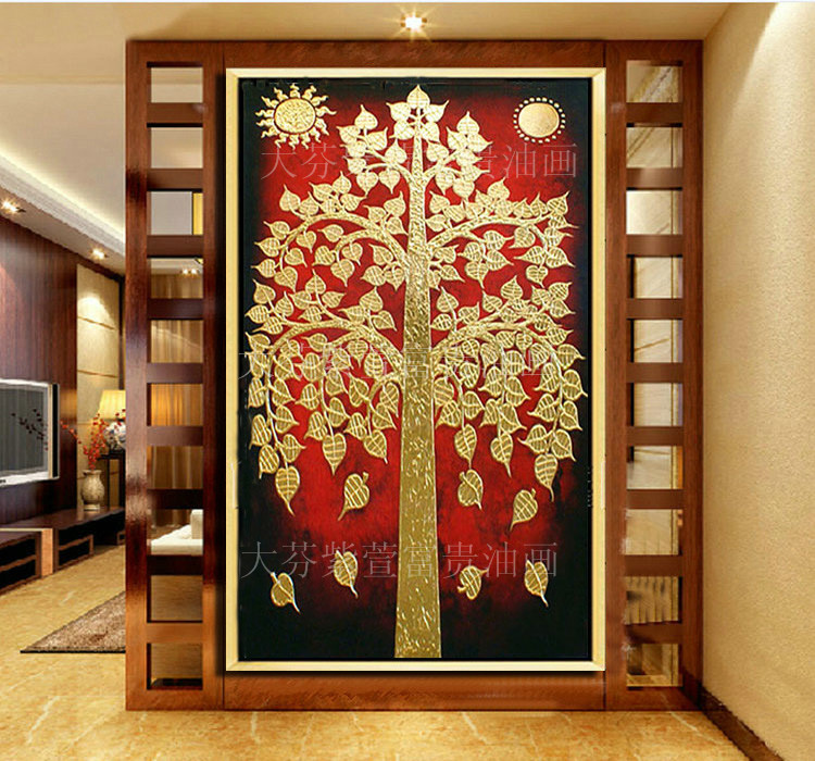 纯手绘东南亚装饰画有框画酒店会所玄关壁画金色红底菩提树挂画图片