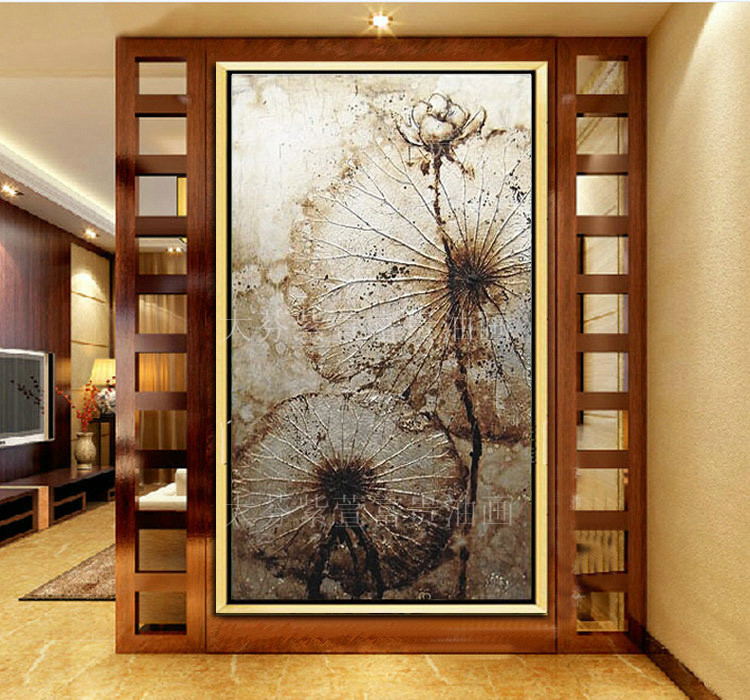 泰式东南亚银箔手绘油画装饰玄关过道壁画莲荷花挂画玄关有框画图片