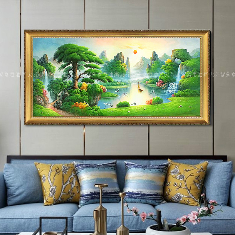 手绘客厅酒店办公室别墅迎客松风景油画聚宝盆装饰画壁画挂画图片