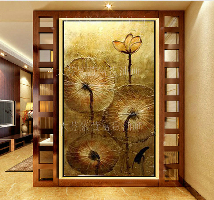 泰式东南亚金箔手绘油画装饰玄关过道壁画莲荷花挂画玄关有框画图片