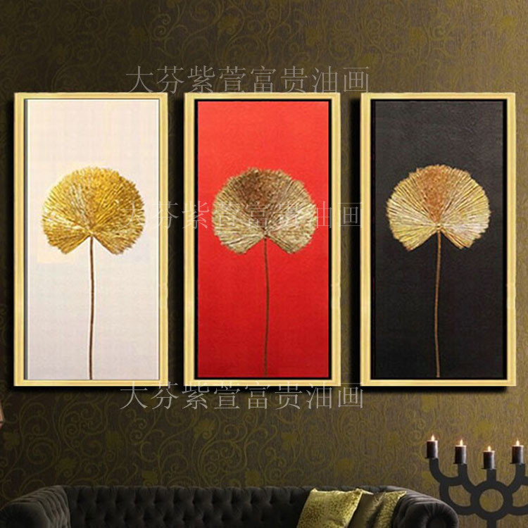 东南亚泰式手绘油画客厅卧室装饰画有框画抽象画三联挂画金箔荷花图片
