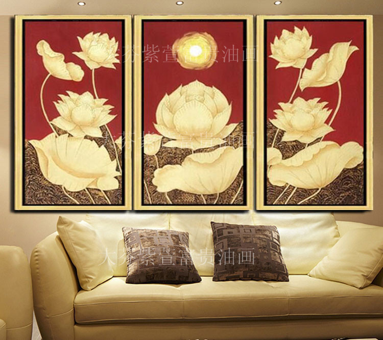 东南亚泰式手绘油画客厅卧室装饰画有框画抽象画挂画金箔荷花图片
