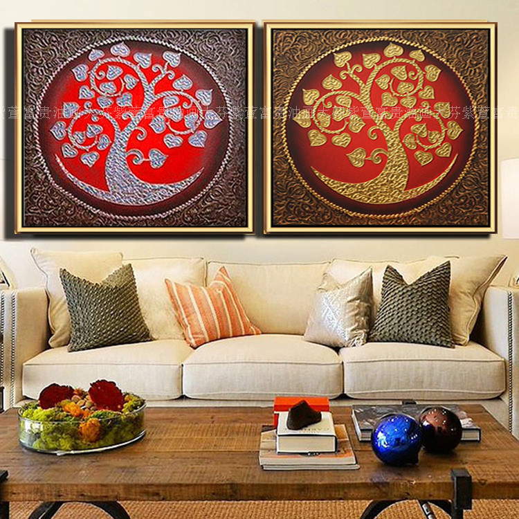 泰式东南亚装饰画有框画酒店会所玄关壁画金银色菩提树挂画图片