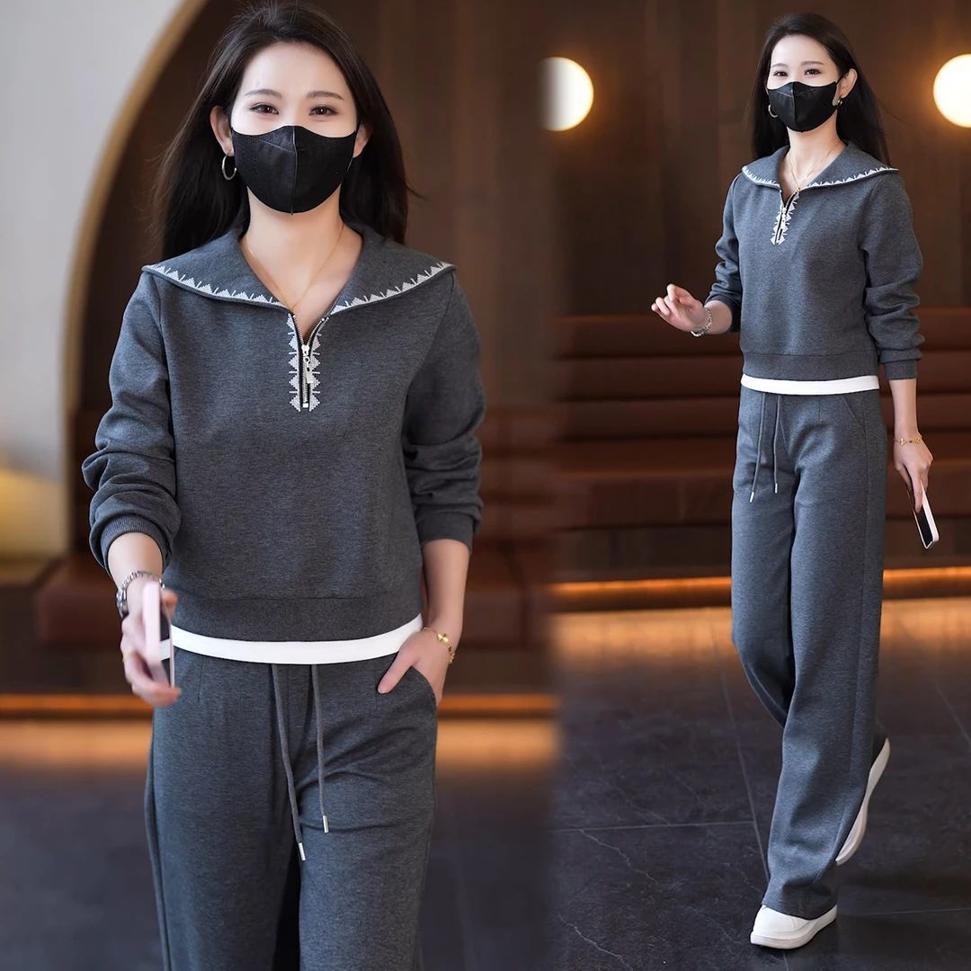 休闲运动服套装女2026春秋新款大码宽松显瘦时尚长袖阔腿裤两件套