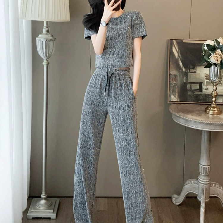 休闲运动套装女夏季新款韩版洋气显瘦亮闪闪上衣时尚阔腿裤两件套