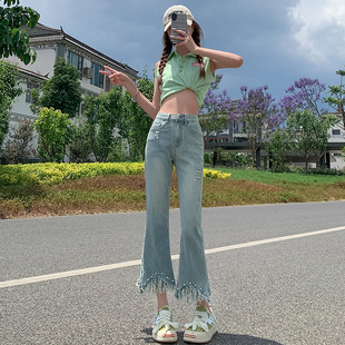九分喇叭裤 2024春夏装 新款 超薄面料弹力八分裤 女重工艺设计 牛仔裤