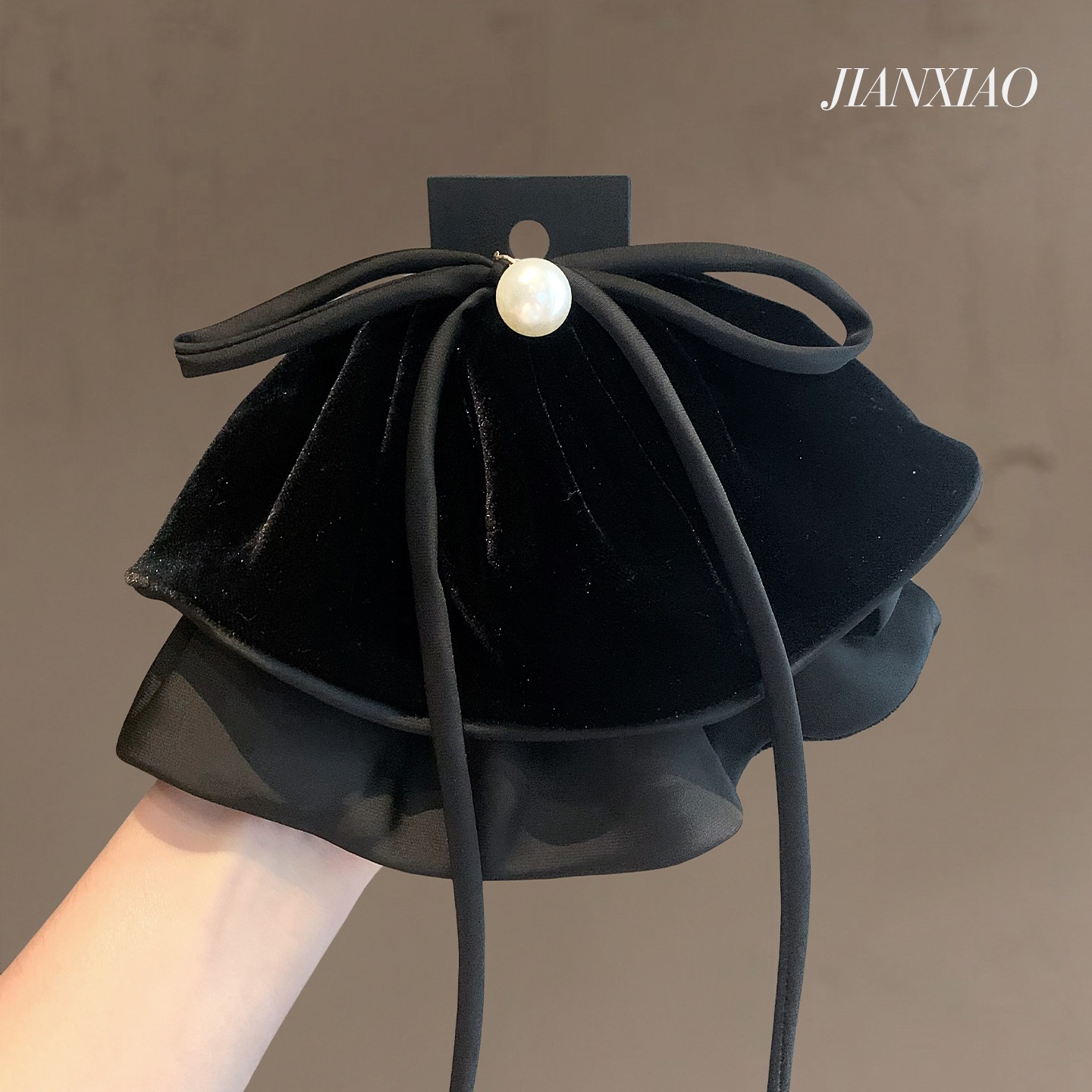 法式复古珍珠丝绒飘带蝴蝶结抓夹