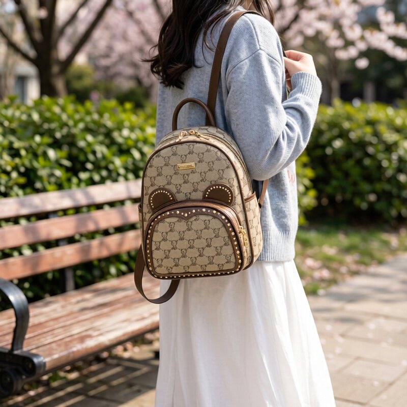 2026新款双肩包女包卡通百搭撞色帆布旅行书包大容量小熊休闲背包