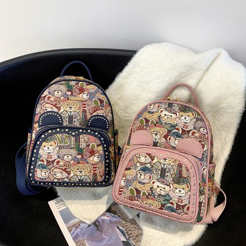 大容量双肩包女卡通小熊帆布背包