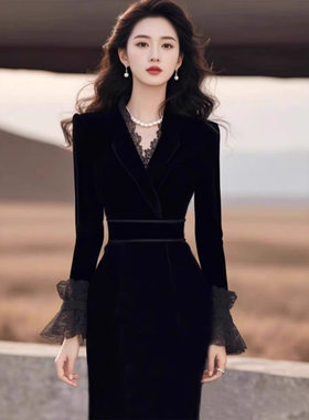 社会气质名媛轻奢礼服高级感赫本风黑色蕾丝拼接丝绒连衣裙冬