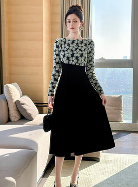 黑丝绒拼接蕾丝收腰连衣裙花朵刺绣收腰气质宴会大摆长裙女21923