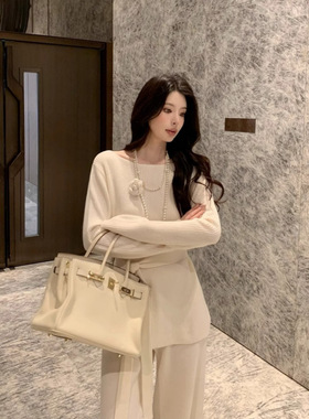 7643秋季新款 白色简约针织衫直筒裤两件时尚套装女修身气质新款