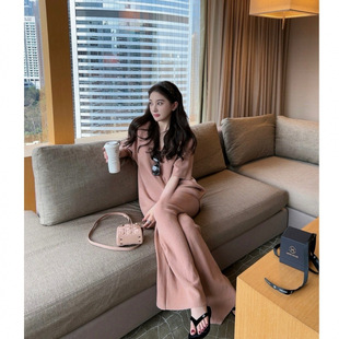 7810-4舒适区v领华夫格针织上衣直筒裤套装夏装新款休闲两件