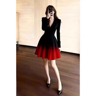 年会礼服小个子绝美巨显身材小香风气质收腰红色晕染渐变连衣裙女