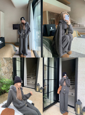 7763秋冬新款慵懒套装韩式穿搭毛绒连帽针织长裤两件套日常女