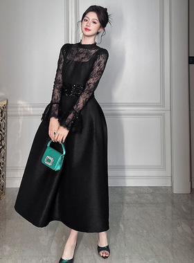 晚宴礼服裙2025秋季新款法式蕾丝拼接喇叭袖收腰大摆连衣裙21610