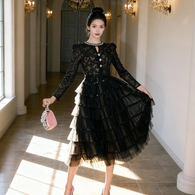 秋冬名媛气质黑色蕾丝钉珠蛋糕裙女长袖网纱收腰宴会连衣裙45425
