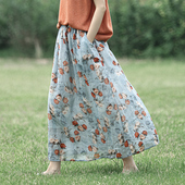 宽松a字中长裙 原创设计100支苎麻半身裙清爽夏季 麻意 田园印花