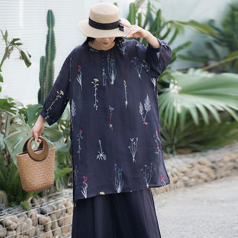 麻意 风铃草 国风高端刺绣苎麻衬衫女中长款宽松大码七分袖长衫