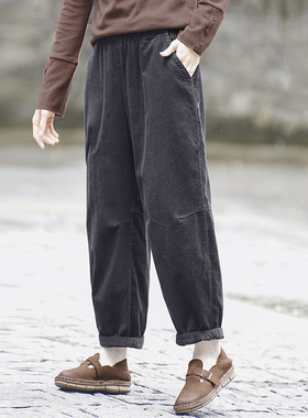 复古灯芯绒裤子女宽松休闲九分气球裤 加厚松紧腰条绒阔腿裤 灰色