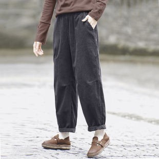 灰色 加厚松紧腰条绒阔腿裤 复古灯芯绒裤 子女宽松休闲九分气球裤