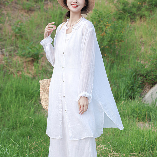 文艺日系女装中长款木耳领防晒衬衫外套2026夏季薄款飘逸仙气上衣