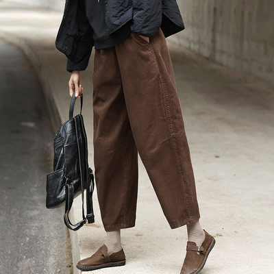 松紧腰复古九分裤灯芯绒