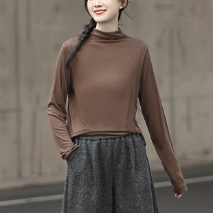 低饱和度上衣 简约半高领打底衫女内搭高弹力长袖t恤可外穿