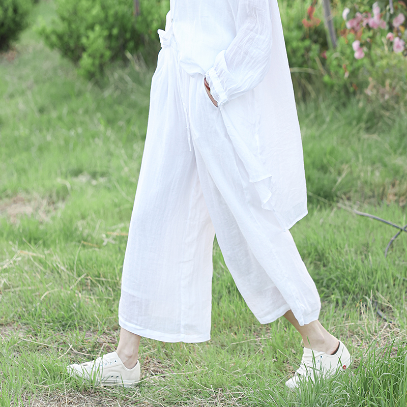 双层苎麻裤子女夏季薄款八分裤 文艺小清新阔腿裤仙女七分裤 白色