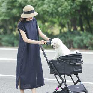 麻意 呼吸感 日系简约松弛感纯亚麻连衣裙宽松休闲直筒侧开叉裙子