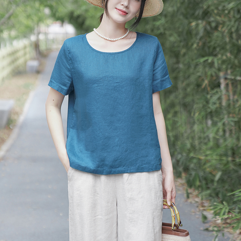 简约日系全亚麻t恤女短袖宽松大码上衣 夏季薄款清爽透气棉麻小衫