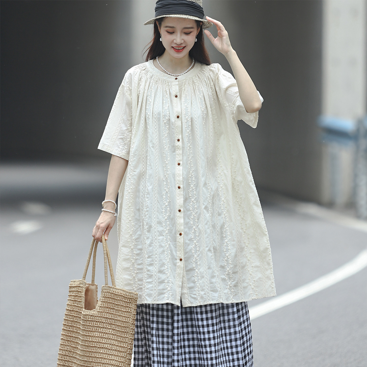 麻意 文艺森女系刺绣衬衫女夏季薄款宽松A字版中长款防晒开衫外套