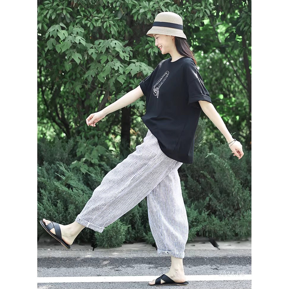 日系文艺色织条纹纯亚麻阔腿裤女九分休闲裤 夏季大码麻料肥腿裤