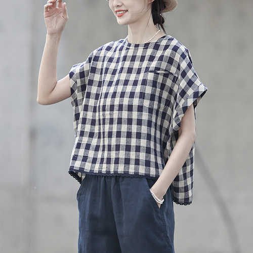 出口高端亚麻 文艺日系大格子衬衫女宽松 夏天清爽麻料短款上衣