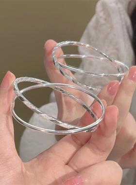 楚噢CHUO足银9999双层梨花手镯磨砂双环闭口实心手环女生日礼物