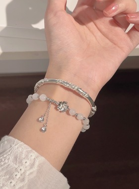 楚噢CHUO纯银S925银白玉桃花手链手镯套装和田玉古风美少女生日礼