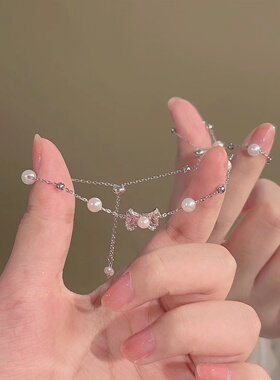 楚噢CHUO纯银S925银粉色蝴蝶结珍珠手链项链耳钉简约个性百搭