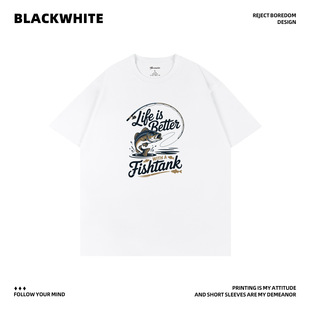 白色钓鱼主题文字印花款短袖T恤宽松休闲风新款百搭圆领上衣Q267