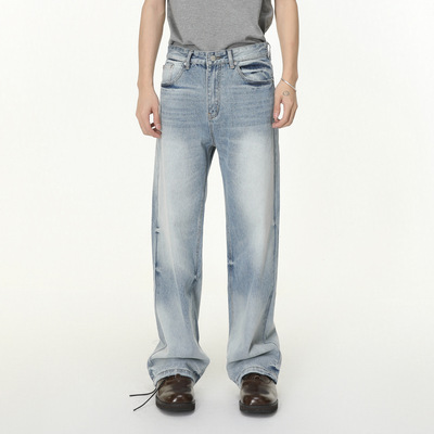 MTLCLOTHES男装|韩版磨白做旧晕染直筒阔腿通勤水洗牛仔裤百搭潮