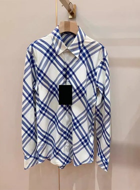 同款2025春秋男女款Vige蓝白斜纹格纹白菱长袖衬衫衬衣休闲