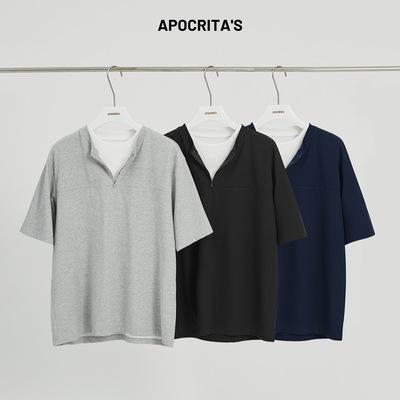 APO男装 |撞色拼接假两件短袖男款夏季百搭宽松半拉链圆领T恤上衣