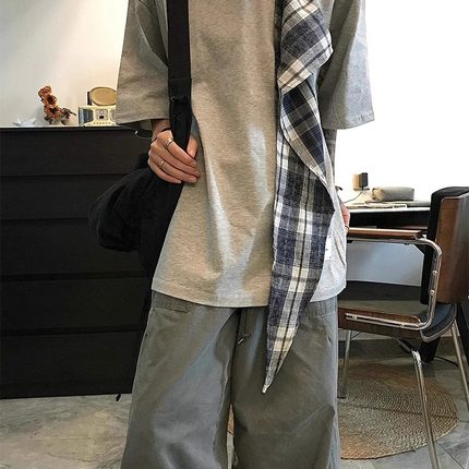 美式复古潮牌蝴蝶结贴布短袖T恤男女宽松设计感小众半袖灰色上衣