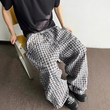 灰色格子裤子男款夏季薄款慵懒风千鸟格阔腿直筒裤美式复古休闲裤