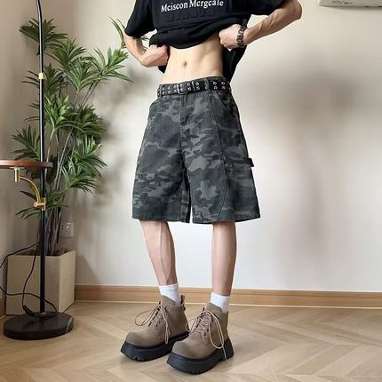 解构水洗直筒迷彩工装短裤男潮牌美式复古痞帅宽松伐木五分牛仔裤