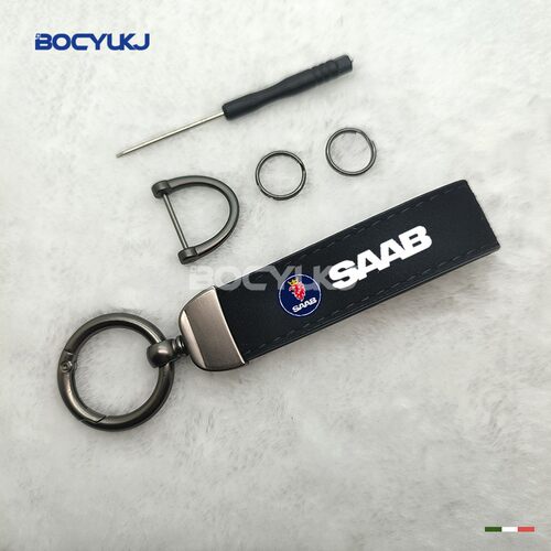 适用于萨博汽车翻毛皮钥匙扣SAAB创意个性车标防丢金属钥匙链挂件