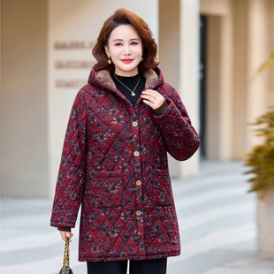 单件棉睡衣冬季加绒连帽加厚碎花棉袄中老年妈妈中长款保暖家居服