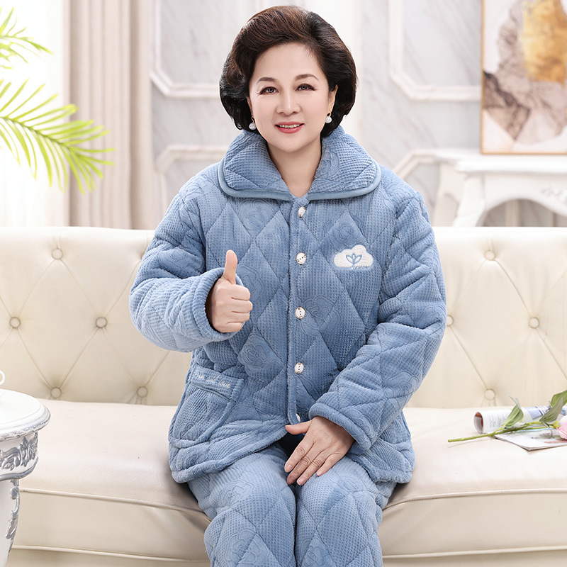 老人睡衣女款加厚冬法兰绒两件套