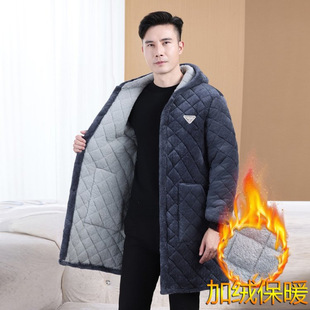 睡衣单件上衣男中老年冬季加绒加厚棉袄中长款宽松保暖家居服连帽