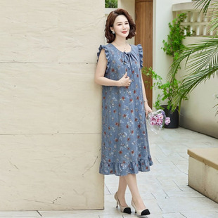 睡衣女款2026新款连衣裙中老年人夏季无袖碎花中长款棉绸睡裙妈妈